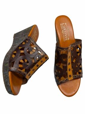 Spring Step L’Artiste Zoe Slide Platform Wedges laser cut leather 70s Y2K boho
